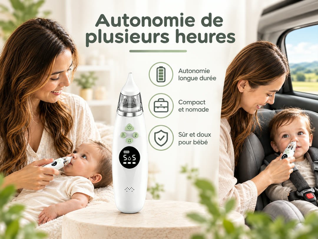 Une maman dégage le nez de son bébé avec le mouche bébé Redalis, à la maison et en voiture